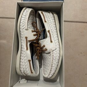 Sperry white and brown leather loafers worn once in the box